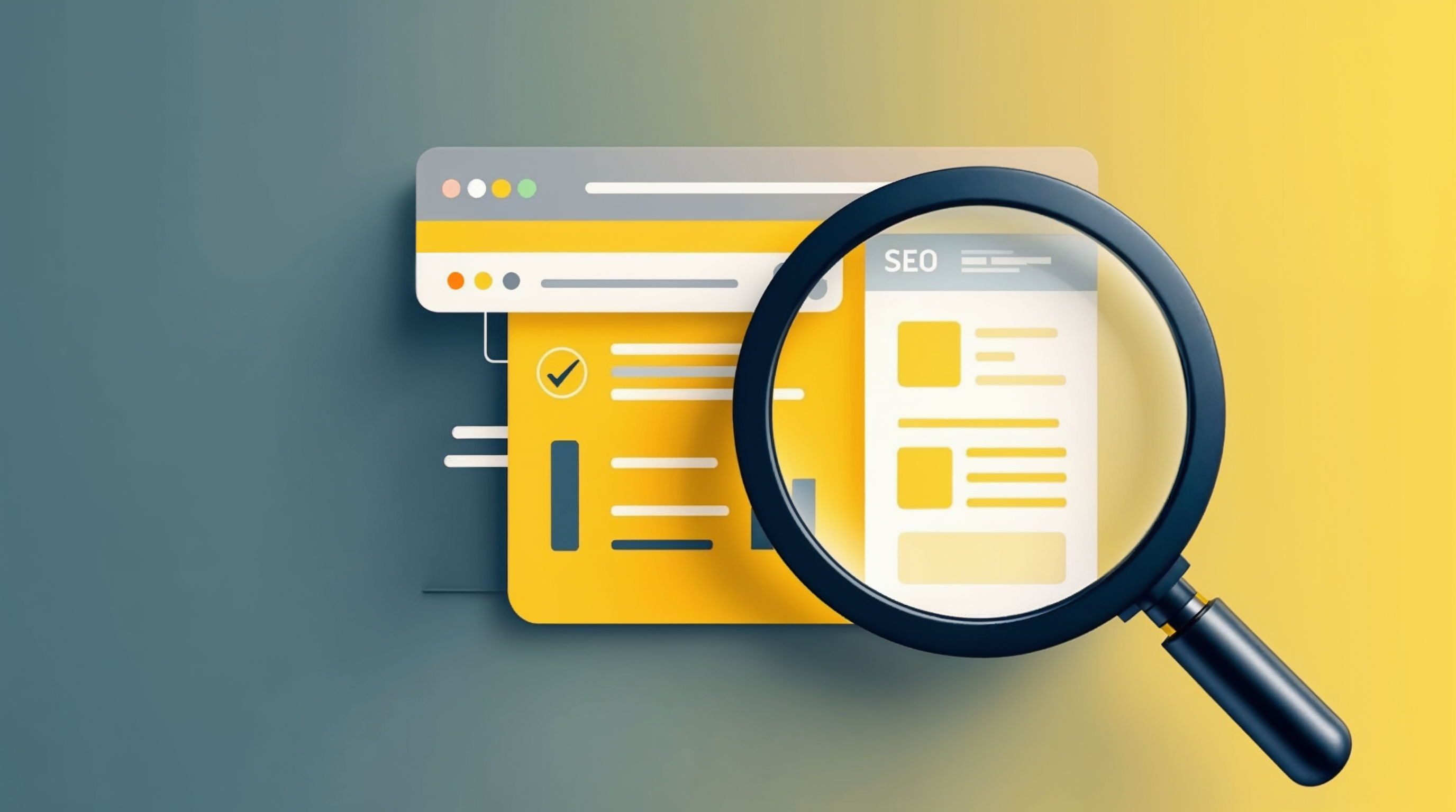Visuele uitleg van SEO: vergrootglas over een webpagina in de Reward huisstijl