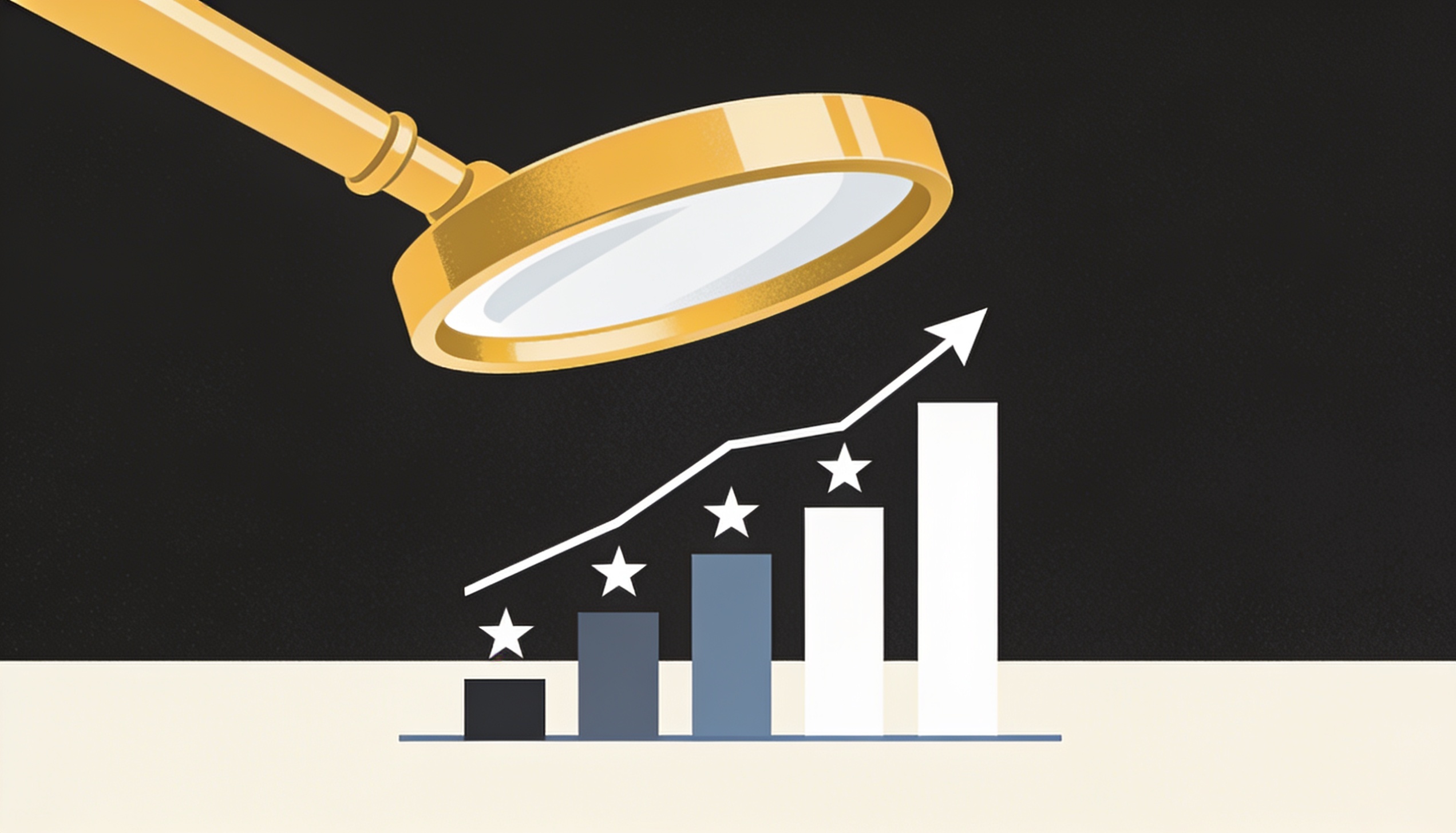 Illustratie van een vergrootglas boven een stijgende grafiek als visual voor SEO-blog Reward